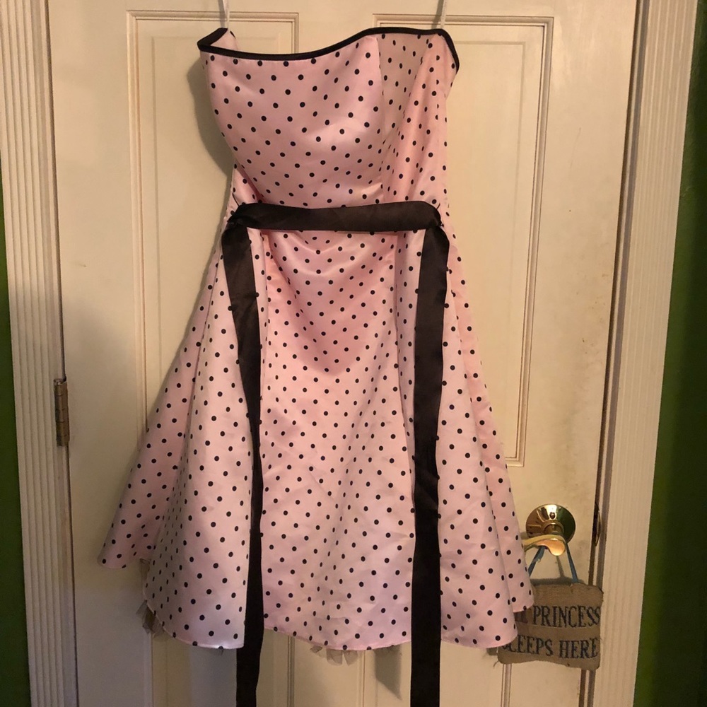 Jessica McClintock pink and brown polka dot dress